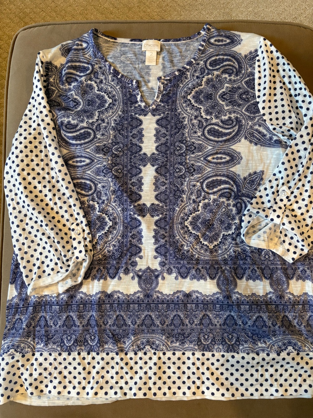 Chico's Navy & White Paisley and Polka Dot Tunic